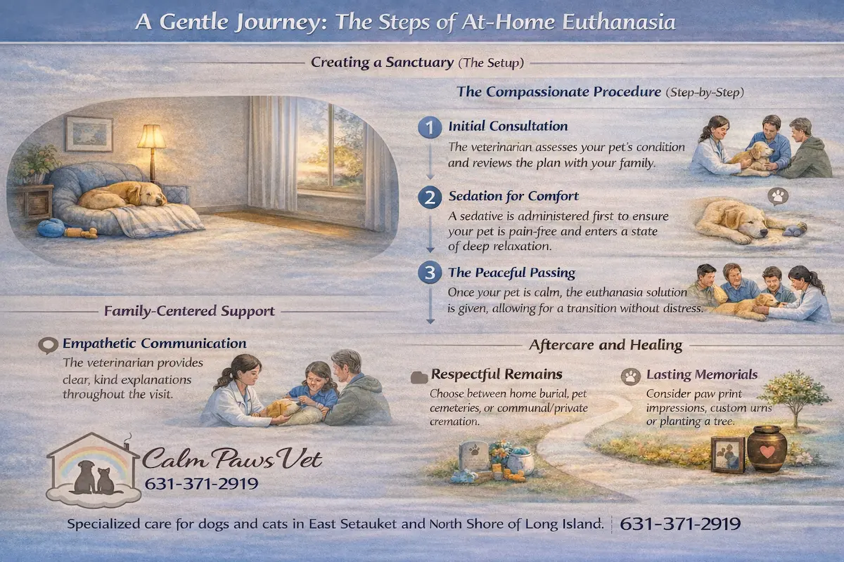 Infographic titled "A Gentle Journey: The Steps of At-Home Euthanasia" by Calm Paws Vet, detailing the process from creating a calm home sanctuary to aftercare options like custom urns and memorial jewelry.