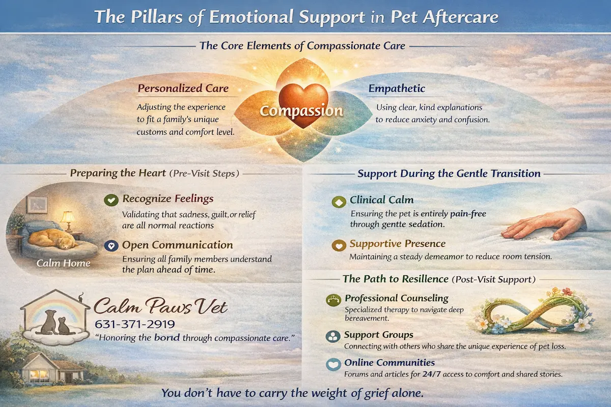 Infographic titled "The Pillars of Emotional Support in Pet Aftercare" by Calm Paws Vet. It details core elements of compassionate care such as personalized support and empathetic communication, pre-visit steps like recognizing feelings, and post-visit resilience through professional counseling and support groups.