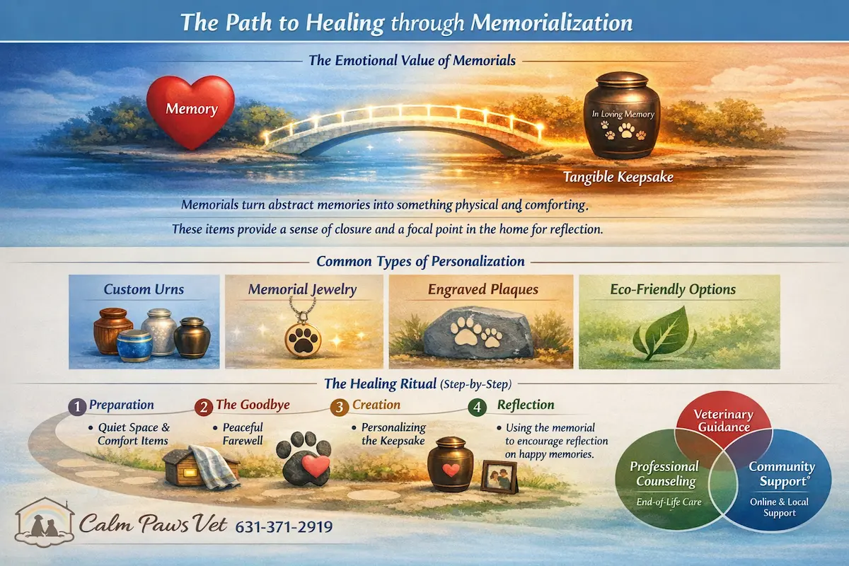 Infographic titled "The Path to Healing through Memorialization" detailing various pet memorial options including custom urns, memorial jewelry, and engraved plaques. It outlines a four-step healing ritual: preparation with comfort items, a peaceful goodbye, creating a personalized keepsake, and reflection on happy memories.