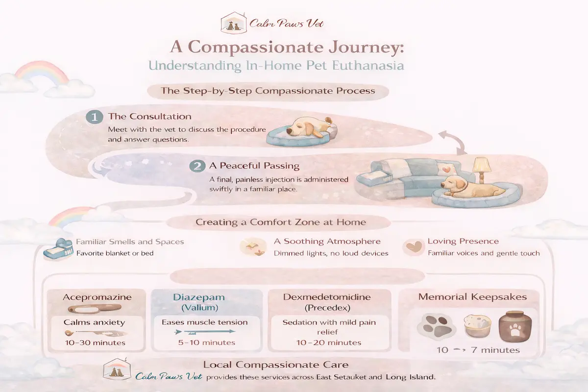 Infographic explaining the in-home pet euthanasia process, including consultation, peaceful passing, aftercare, comfort at home, and sedation options by Calm Paws Vet.