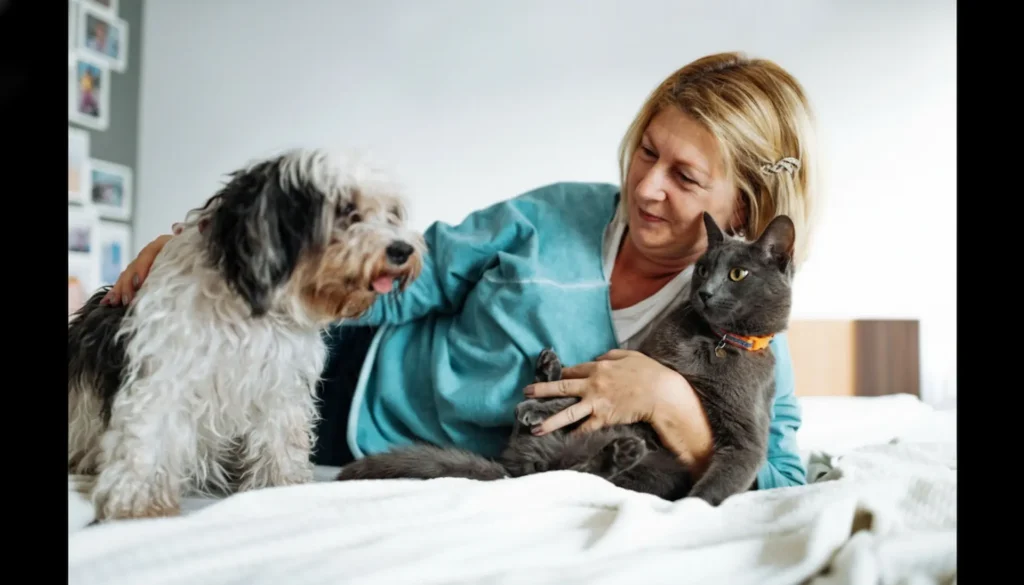 A blonde woman reclining on a bed while hugging a small scruffy dog and a grey cat, showing the emotional bond and support provided during pet hospice care.