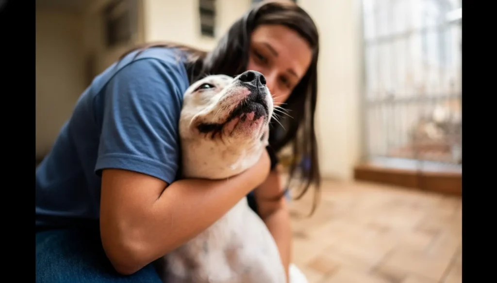 A woman tenderly hugging a white dog with black spots, showcasing the deep emotional bond and individual attention given to pets in hospice care.