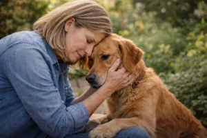 Woman gently holding her golden retriever in a peaceful garden, showing emotional support during pet euthanasia at home.