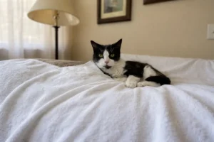 Black and white cat resting comfortably on a white bed in a bedroom