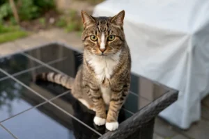 Close-up of a brown tabby cat with green eyes sitting on a glass outdoor table