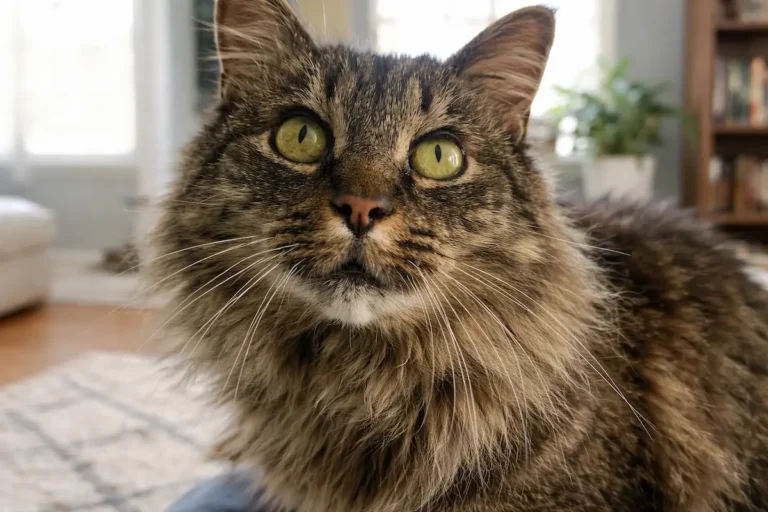 Detailed close-up of a fluffy tabby cat with large green eyes inside a home