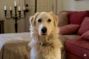 Fluffy white dog sitting indoors in a cozy living room with couch and candles in background