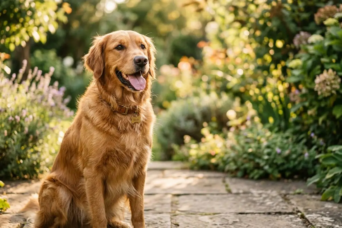 Golden retriever sitting calmly on a garden path, illustrating peaceful at-home euthanasia setting for pets.