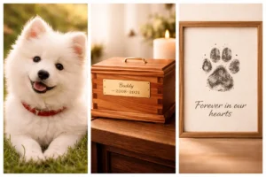 A three-panel collage featuring a fluffy white dog, a personalized wooden pet memorial urn engraved with the name 'Buddy,' and a framed ink paw print memorial.