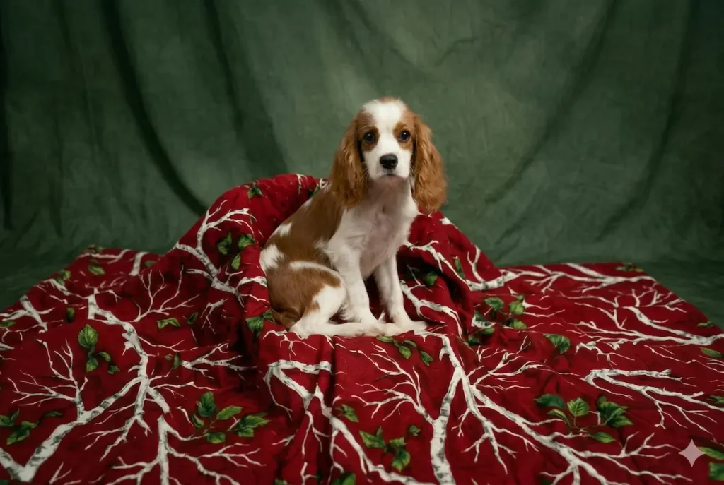 Small brown and white puppy sitting on a red patterned blanket with green background