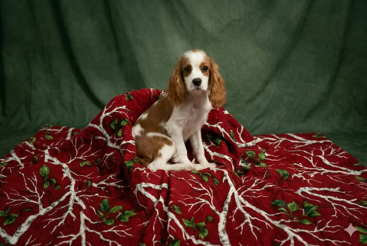 Small brown and white puppy sitting on a red patterned blanket with green background