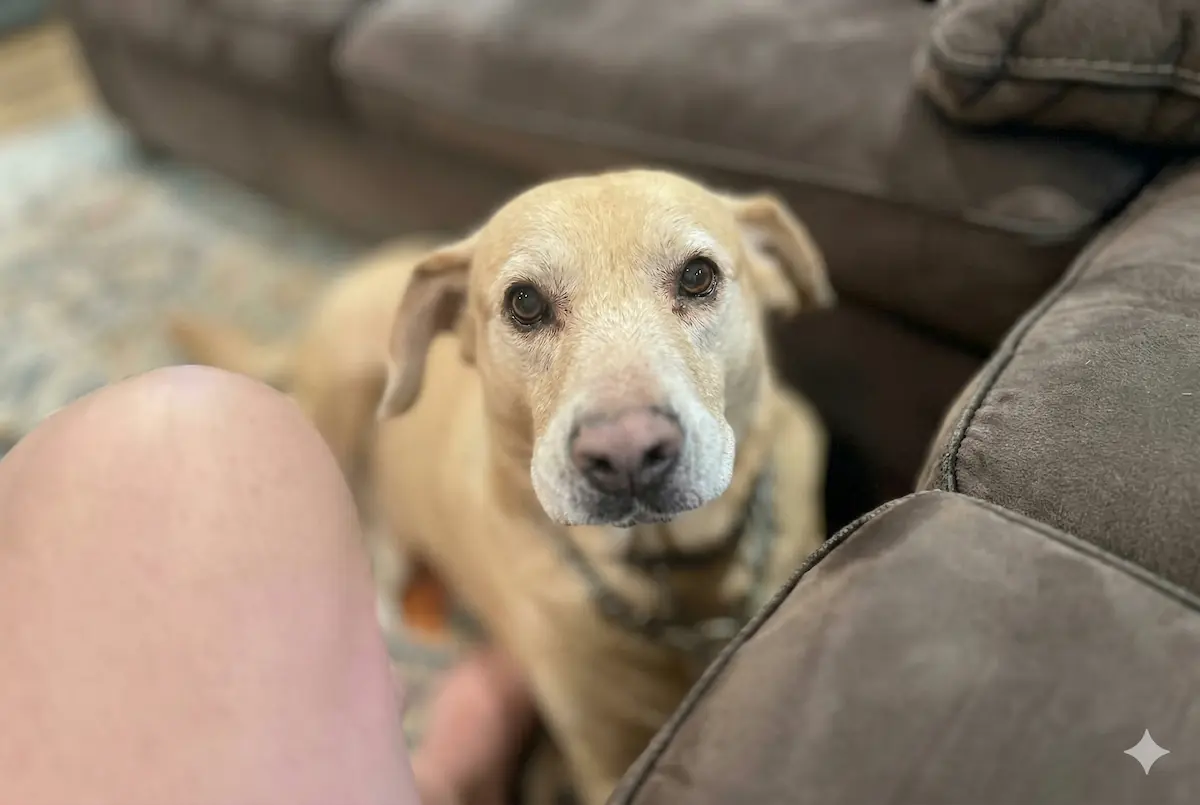 Tan dog looking up attentively near a couch in a cozy living room