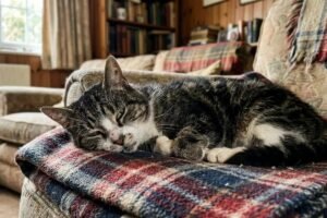Senior cat resting peacefully on a blanket at home, representing end-of-life care and comfort for pets in their final days