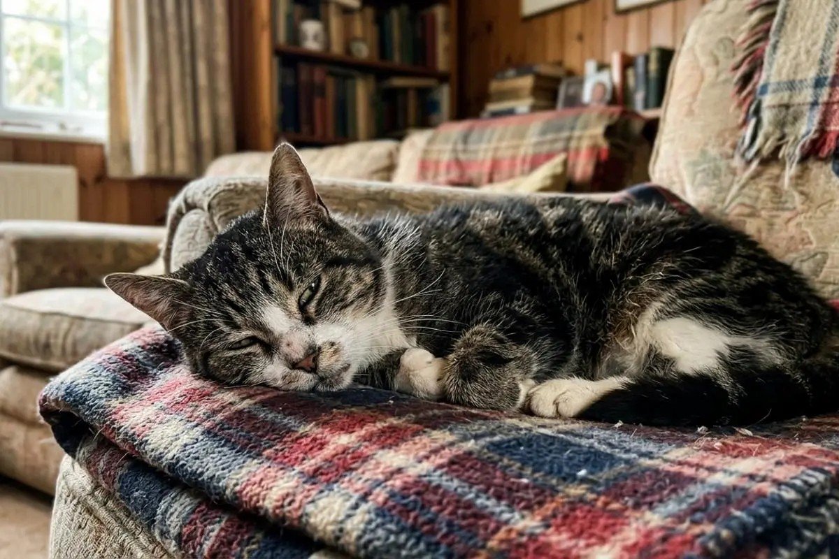Senior cat resting peacefully on a blanket at home, representing end-of-life care and comfort for pets in their final days