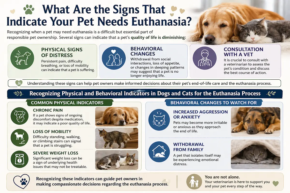 Infographic explaining the euthanasia process, showing physical and behavioral signs like chronic pain, mobility loss, weight loss, anxiety, and when to consult a veterinarian