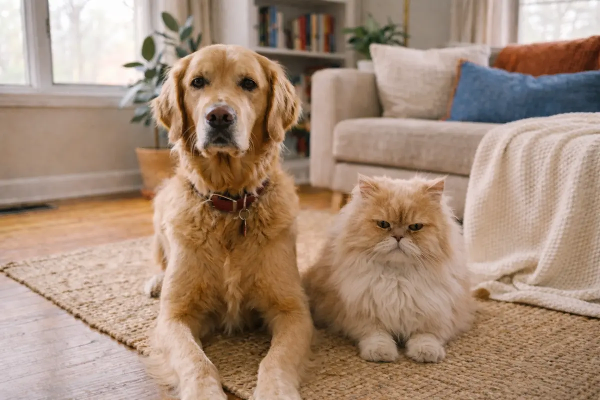 Dog and Persian cat resting together at home, representing euthanasia for dogs and cats and compassionate end-of-life care