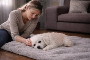 Pet owner gently comforting a small white dog during in-home euthanasia, providing peaceful end-of-life care at home