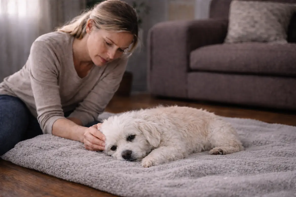 Pet owner gently comforting a small white dog during in-home euthanasia, providing peaceful end-of-life care at home