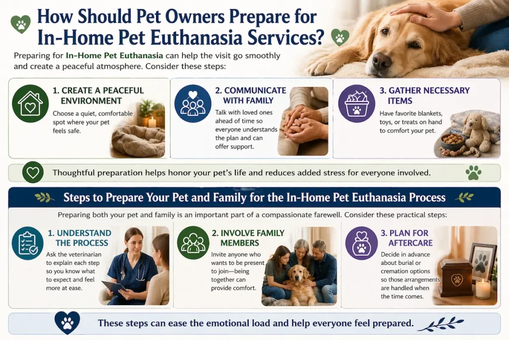 Infographic explaining in-home pet euthanasia preparation, showing steps like creating a peaceful environment, communicating with family, gathering comfort items, understanding the process, and planning aftercare