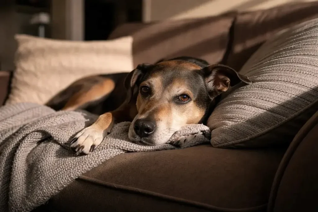 Senior dog resting on a couch looking tired, representing signs that may lead to pet euthanasia and end-of-life care decisions