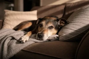 Senior dog resting on a couch looking tired, representing signs that may lead to pet euthanasia and end-of-life care decisions