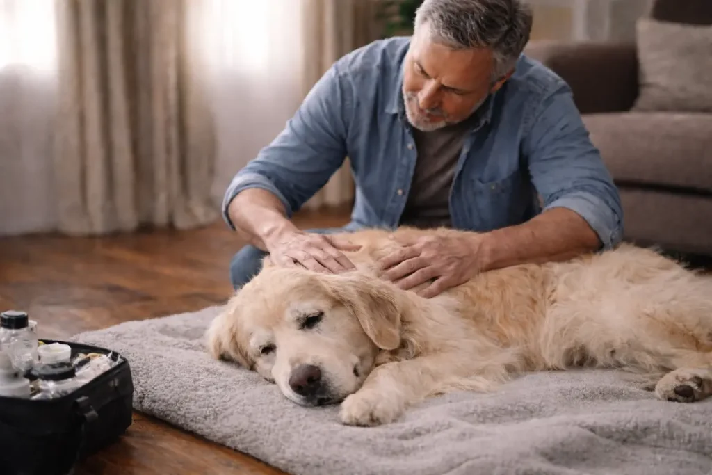 Man gently comforting his elderly dog during pet euthanasia at home, showing compassionate end-of-life care in a peaceful setting