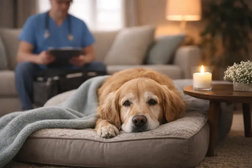 Golden retriever resting on a bed at home with a veterinarian nearby, illustrating a calm and compassionate pet euthanasia setting.