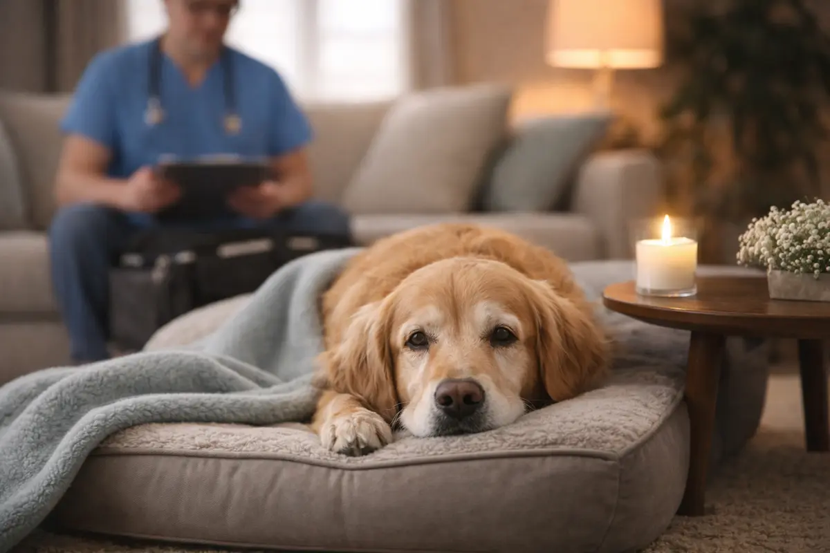 Golden retriever resting on a bed at home with a veterinarian nearby, illustrating a calm and compassionate pet euthanasia setting.