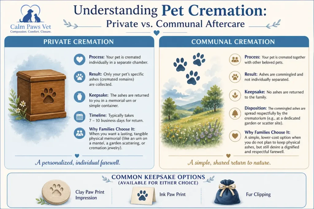 An infographic comparison chart of pet cremation services provided by Calm Paws Vet, detailing the differences between private pet cremation (ashes returned in an urn) and communal pet cremation (no ashes returned). The diagram also highlights memorial keepsakes like paw prints and fur clippings.