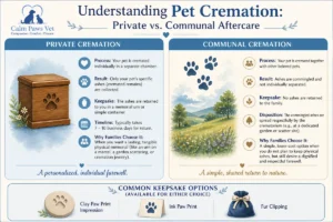 An infographic comparison chart of pet cremation services provided by Calm Paws Vet, detailing the differences between private pet cremation (ashes returned in an urn) and communal pet cremation (no ashes returned). The diagram also highlights memorial keepsakes like paw prints and fur clippings.