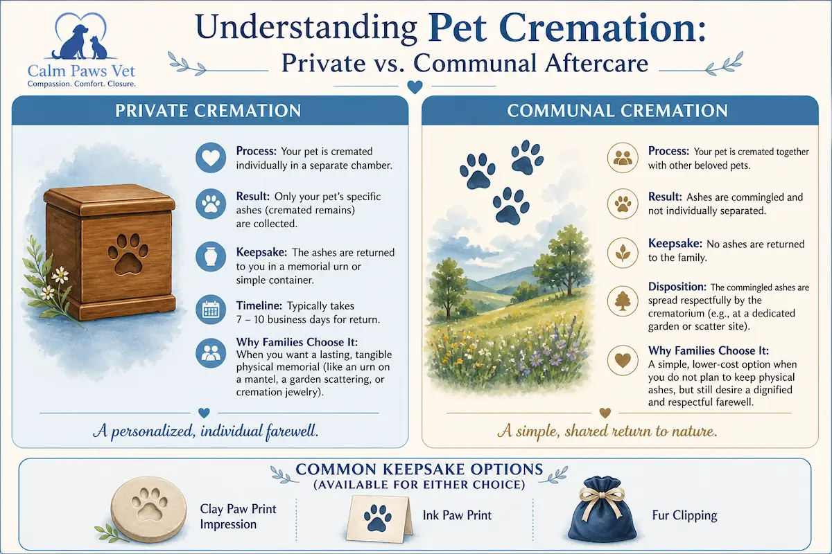 An infographic comparison chart of pet cremation services provided by Calm Paws Vet, detailing the differences between private pet cremation (ashes returned in an urn) and communal pet cremation (no ashes returned). The diagram also highlights memorial keepsakes like paw prints and fur clippings.