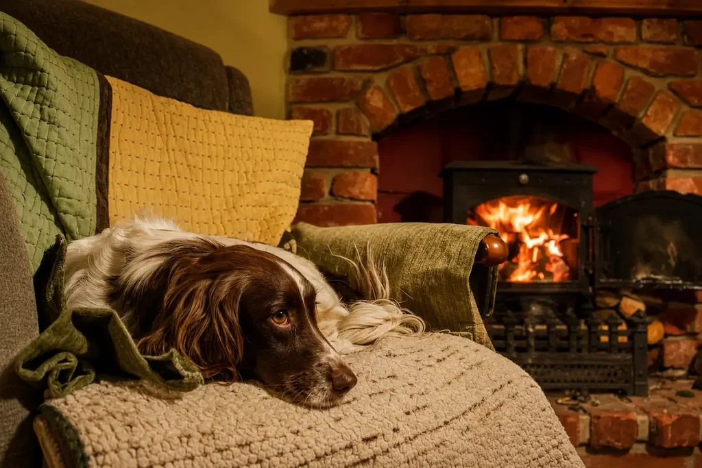 Senior dog resting comfortably on a couch beside a warm fireplace, representing compassionate pet hospice care and peaceful end-of-life support at home.