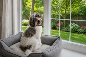 Curly-haired dog resting in a gray dog bed by a sunny window overlooking a garden, representing comfort and the quality of life scale for dogs.