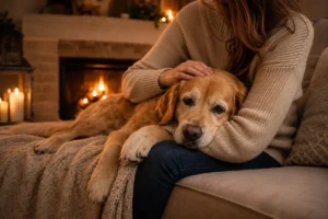 Pet owner holding and comforting an elderly dog at home, representing the emotional signs a dog is dying and compassionate end-of-life support.
