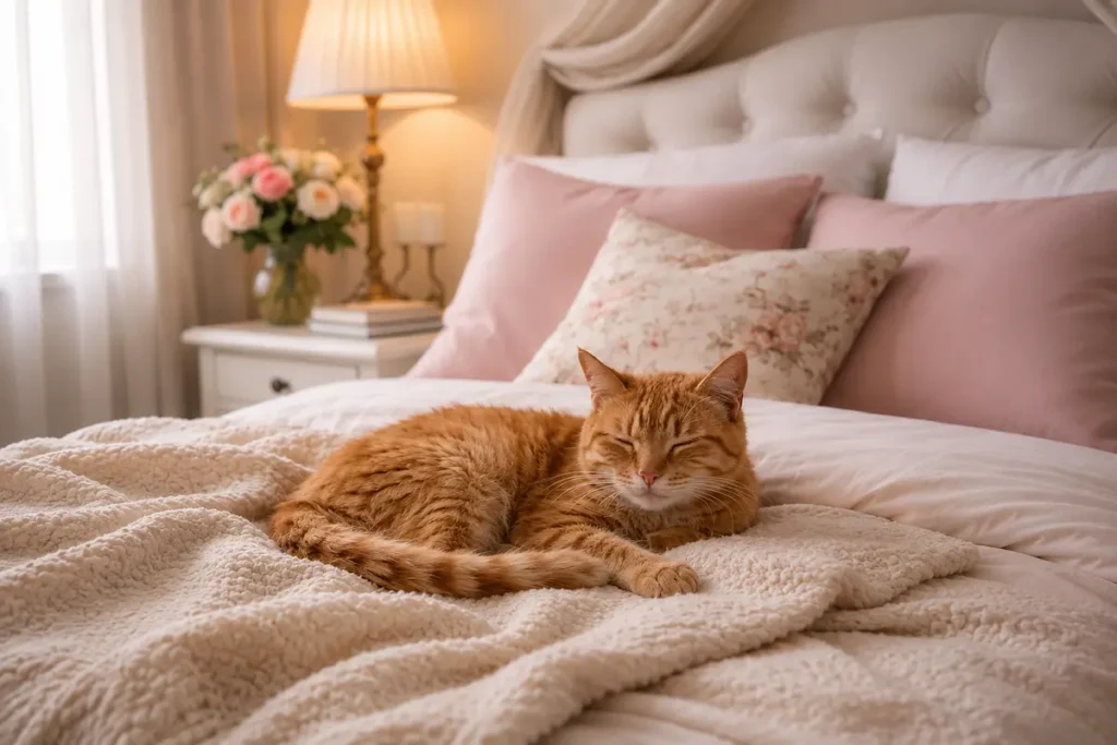 Orange tabby cat resting peacefully on a soft bed at home, representing comfort, quality of life, and decisions about when to euthanize a cat with cancer.