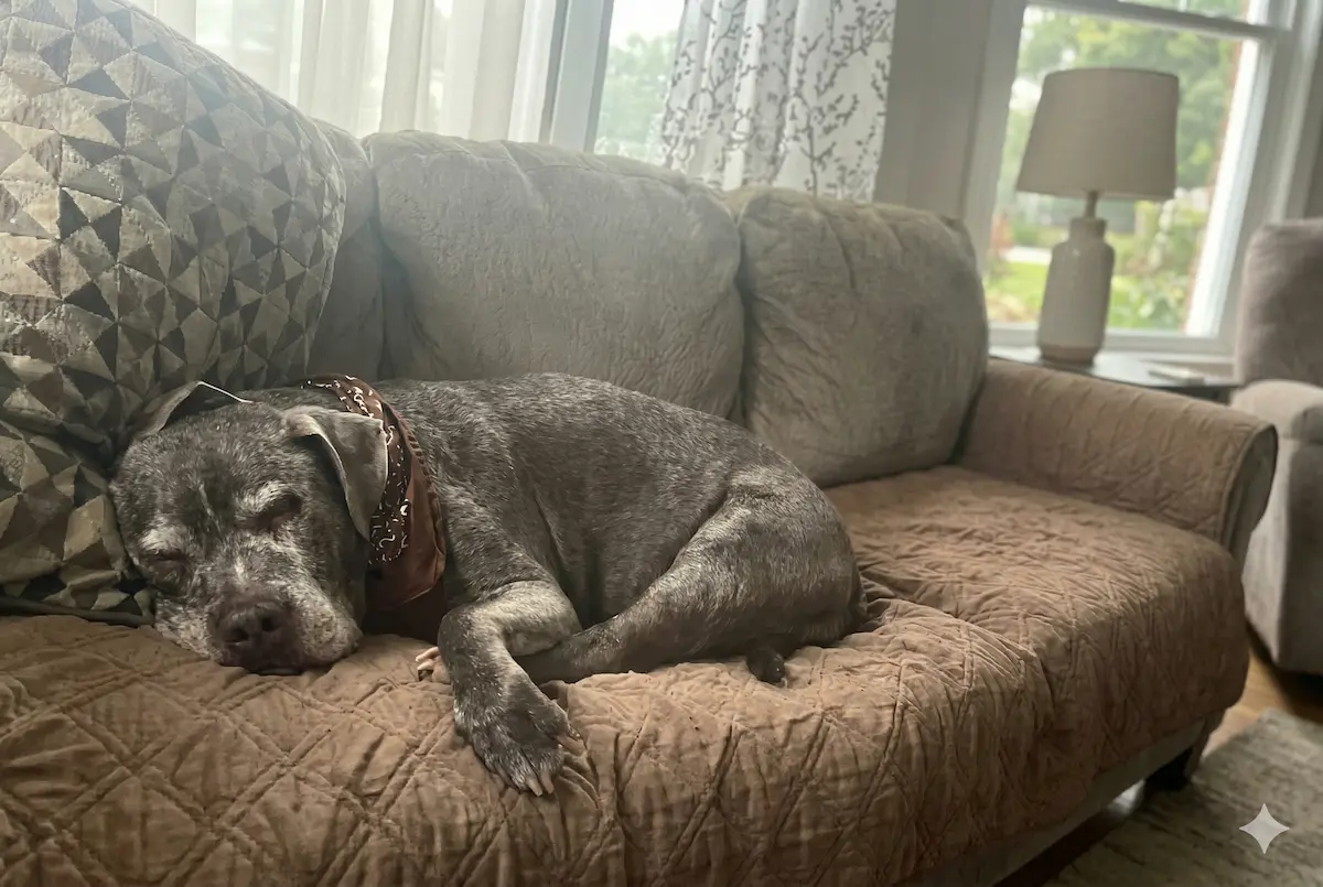 Senior dog resting on a couch at home, representing end-stage kidney failure and quality-of-life considerations when deciding to euthanize a dog with kidney failure.