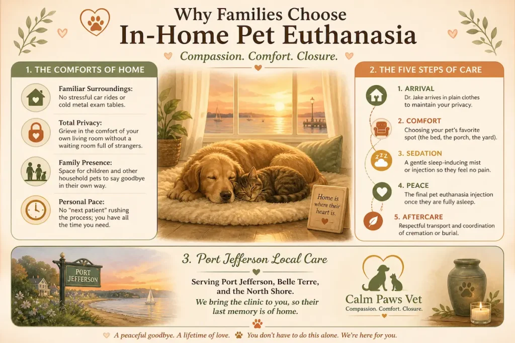 A compassionate infographic explaining the benefits of in-home pet euthanasia compared to a clinic visit. It illustrates a peaceful home setting and outlines the five-step process used by Calm Paws Vet in Port Jefferson, including gentle sedation and respectful aftercare.
