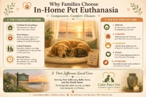 A compassionate infographic explaining the benefits of in-home pet euthanasia compared to a clinic visit. It illustrates a peaceful home setting and outlines the five-step process used by Calm Paws Vet in Port Jefferson, including gentle sedation and respectful aftercare.