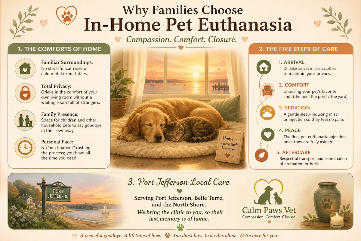 A compassionate infographic explaining the benefits of in-home pet euthanasia compared to a clinic visit. It illustrates a peaceful home setting and outlines the five-step process used by Calm Paws Vet in Port Jefferson, including gentle sedation and respectful aftercare.